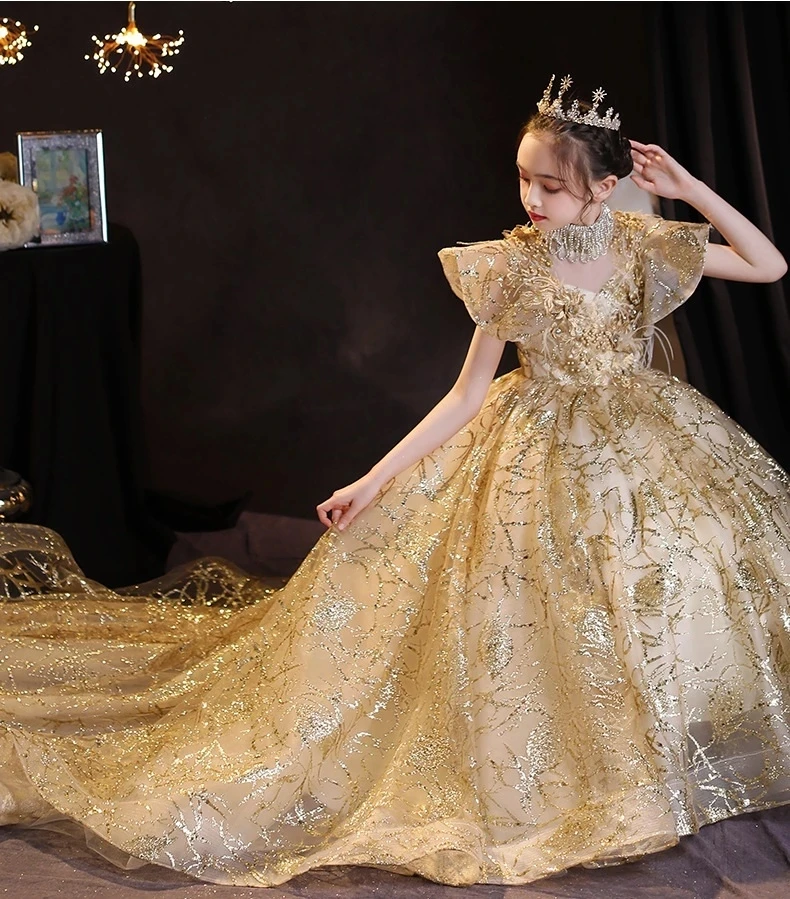 Teens Kids Dresses Party Wedding golden Sequins embroidery Pageant Gown Princess Tailing long Dress for Girl Children Clothing