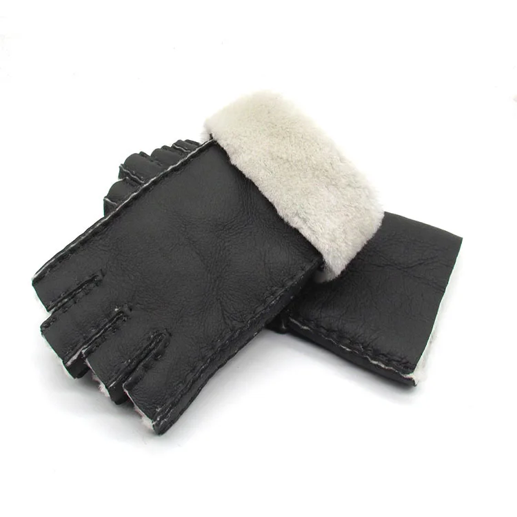 Men women autumn winter thicken warm natural one piece wool fur leather glove winter wool fur mitten half finger fur glove R3385