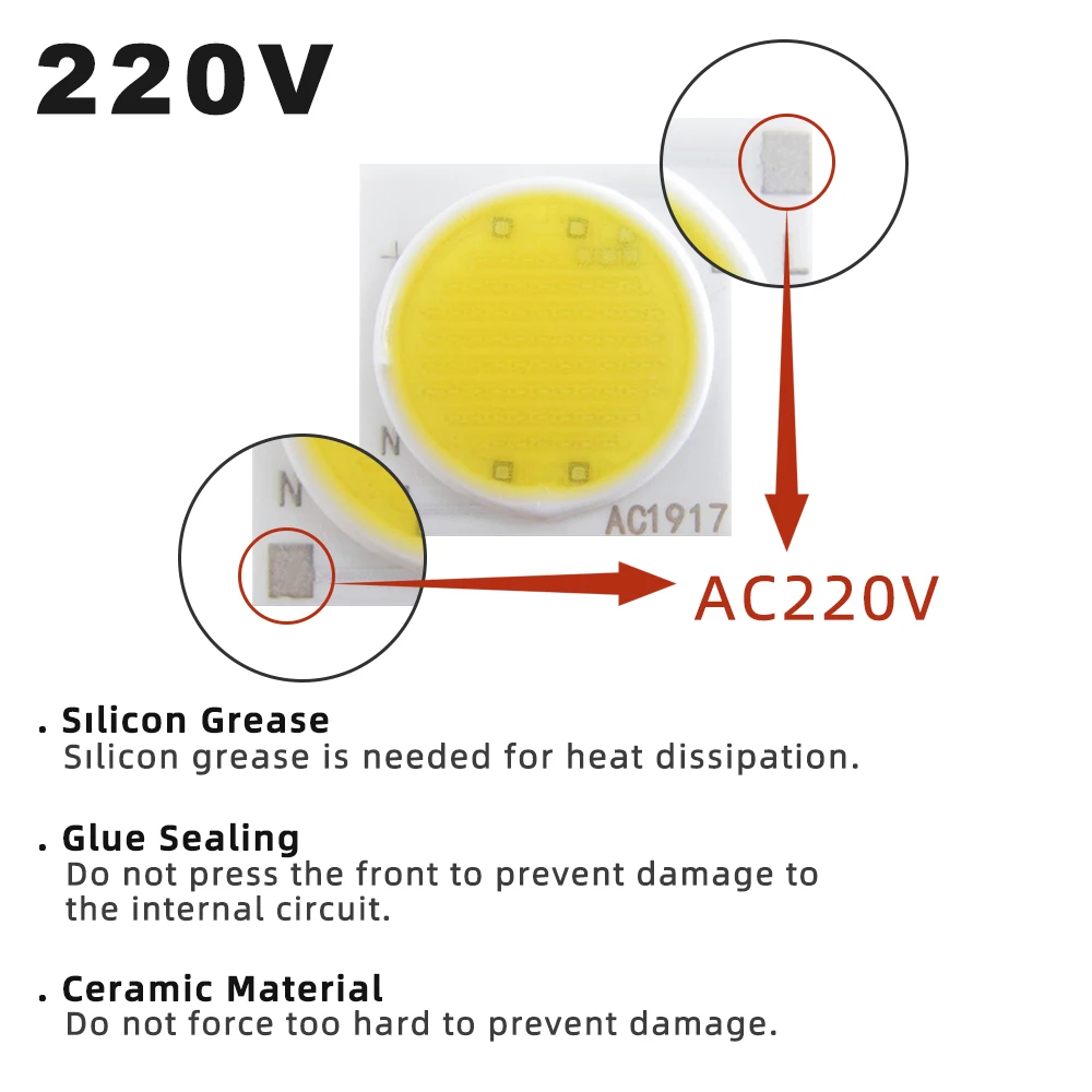 Imagem -02 - Usb-hid Ac220v Cob Led Chips Ac1414 Ac1917 Fonte de Luz de Superfície Led Contas para Holofote Downlight 10 Peças Lote 3w 5w 7w 9w 12w 15w