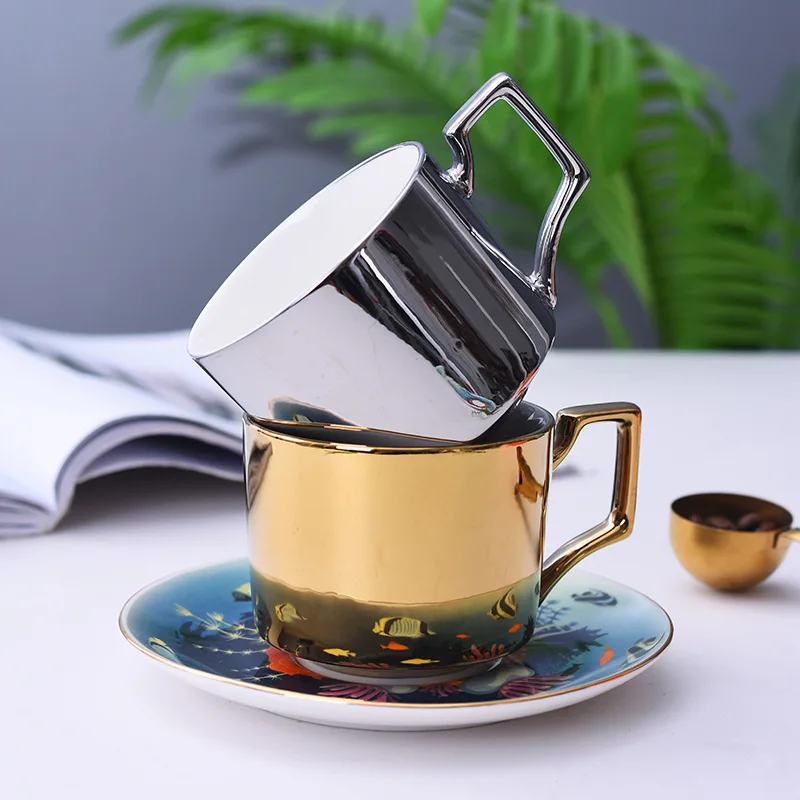 

Creative Coffee Cup Full Flower Reflection Mirror Cup Ceramic Electroplated Cup Saucer Tea Cup Set Gift Ceramic Coffee Cup Set