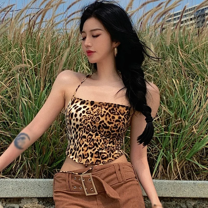 Women Leopard Print Irregular Triple-Cornered Scarf Halter Lace-Up Vest Women's Wrapped Top Leopard Print Summer  Y2K 