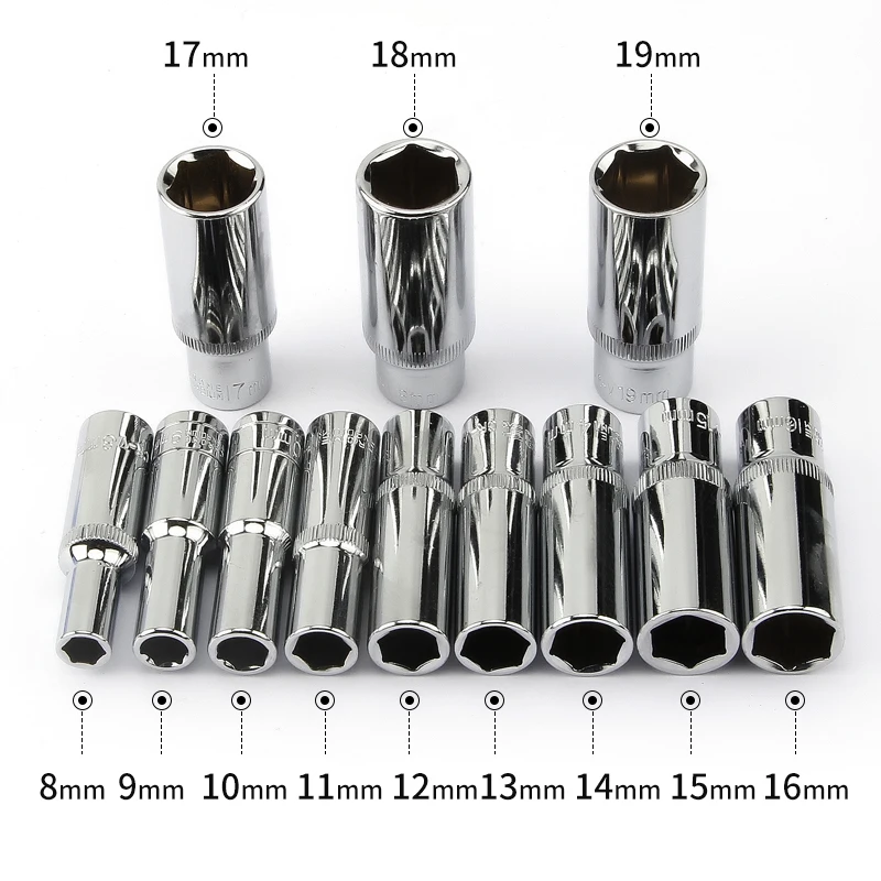 CRV 12pcs 3/8”Inch Driver Deep Long Sockets Set 65mm Length 10mm Square Hole 8 9 10 11 12 13 14 15 16 17 18 19mm