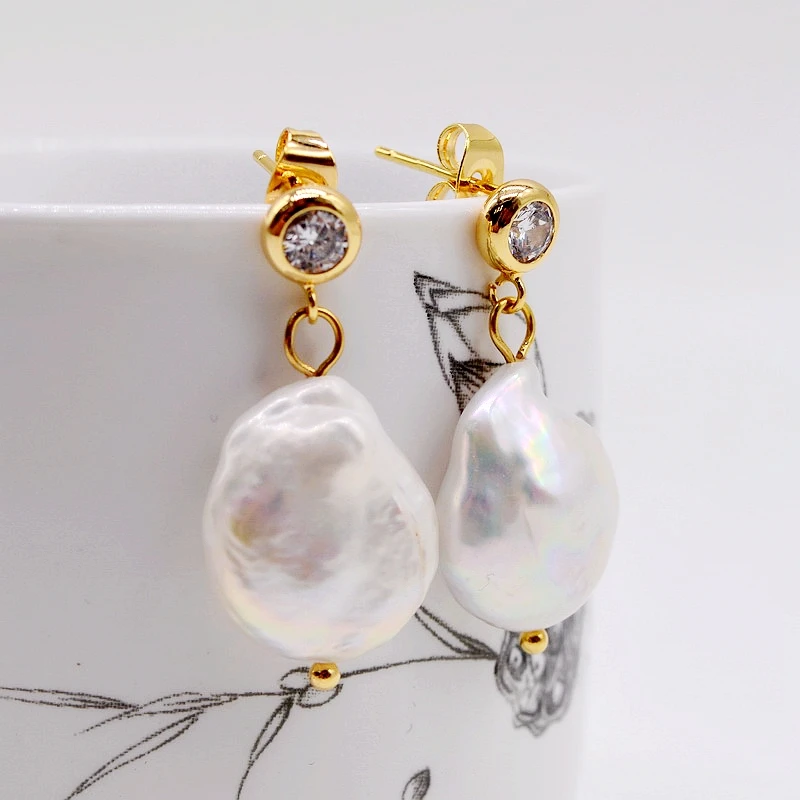 Pearl Earrings White Natural Pearl Pendant Cubic Zirconia Baroque Gold Women Earrings