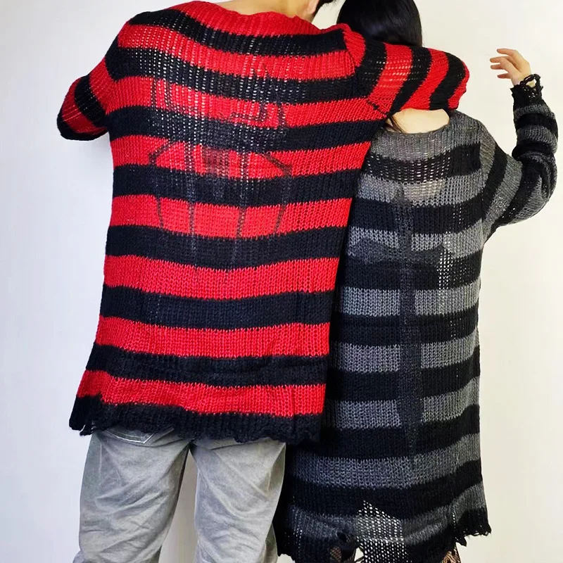 Women Striped Cool Hollow Out Hole Broken Jumper Loose Streetwear Top Women Hollow Knit Sweater Color Block Stripe Pullovers