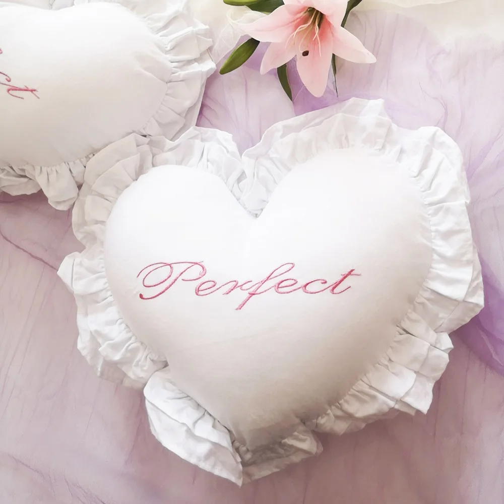 Ruffled Heart-Shaped Cushion Love Embroidery With Core Pillow Cotton Solid Color Sofa Cushion Princess Decorative Throw Pillows