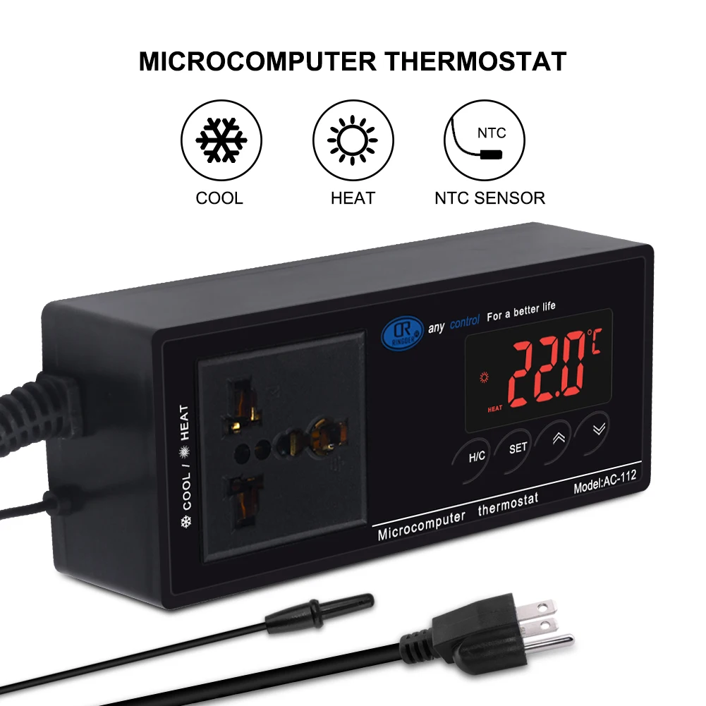 Termostato digital com sensor de temperatura ntc, controle de aquecimento e refrigeração, superfície espelhada, 105-240v