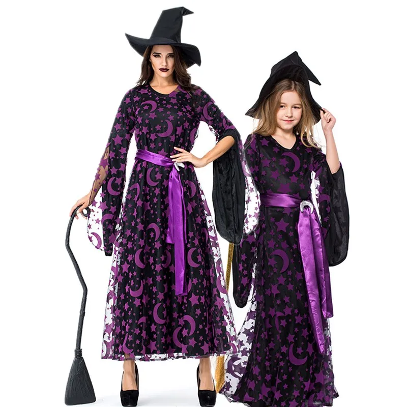 

Halloween Carnival Party Purple Moon Magic Broom Evil Witch Costume Masquerade Wizard Cosplay Parent-child Dress