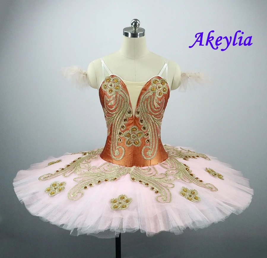 

Adult Female Professional Ballet Tutu Costume Gold Orange Ballerina Pancake Tutu Skirt Women Performance Classical Ballet Dress