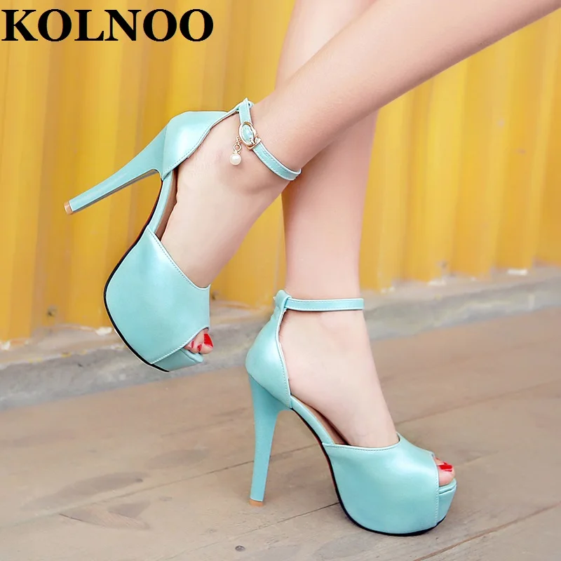 

KOLNOO New Handmade Classic High Heels Sandals Buckle Ankle Strap Pearl-Deco Peep-Toe Sexy Platform Evening Fashion Court Shoes