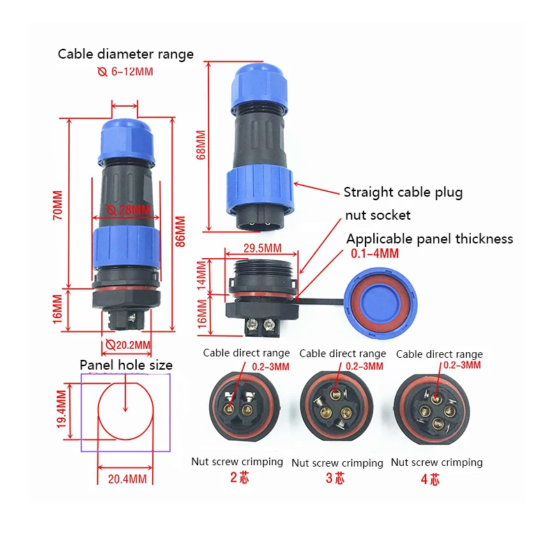 LP20 SP20 IP68 Back nut welding-free screw connection Waterproof connector 2 3 4 Pin Panel Mount screw crimp cable Plug socket