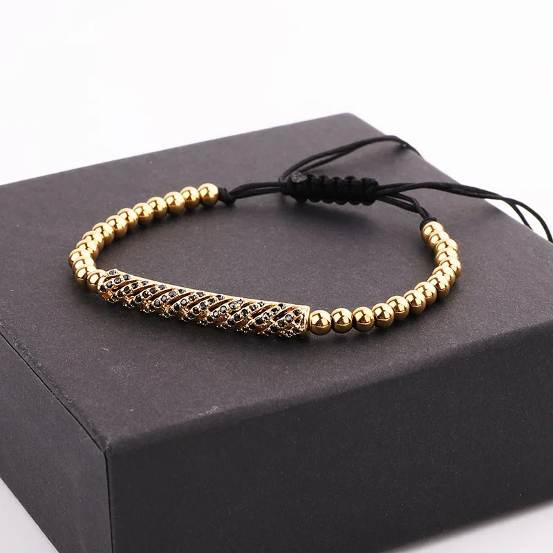 High Quality Men Women Jewelry CZ Pave Bar Charm Stainless Steel Beads Macrame Bracelet Gift