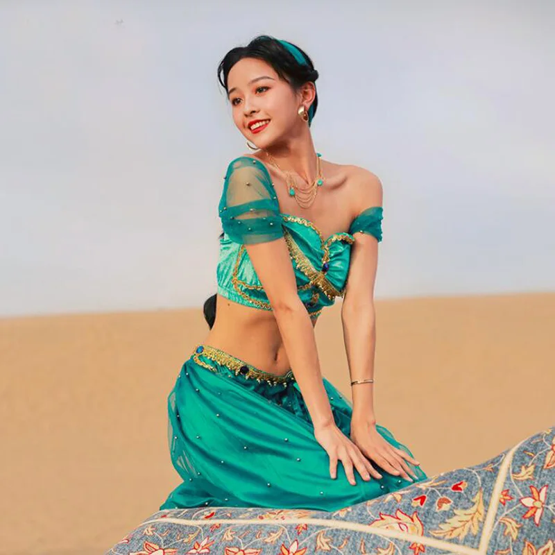 ใหม่มาถึงผู้หญิง Belly Dance เครื่องแต่งกาย Professional ฮาโลวีนชุดเครื่องแต่งกายผู้ใหญ่เซ็กซี่คอสเพลย์เจ้าหญิงจัสมินชุดชุด