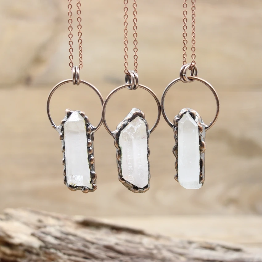 Antique Copper Hoop Raw Crystal Point Pendants Soldered Bronze White Quartz Druzy Stick Necklaces Man Women Boho Jewelry,QC3213