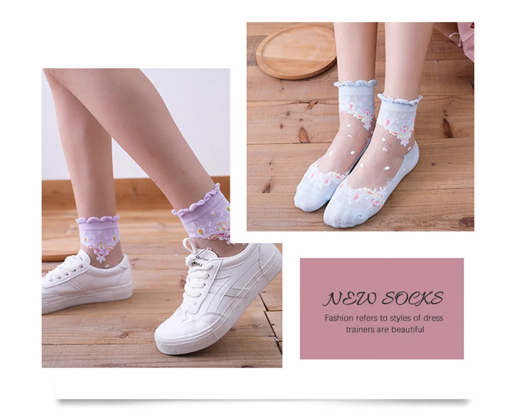 Womens 5 Pairs Ultrathin Transparent blue Purple Pink Black Cotton Flower Lace Elastic Short Socks C1S8