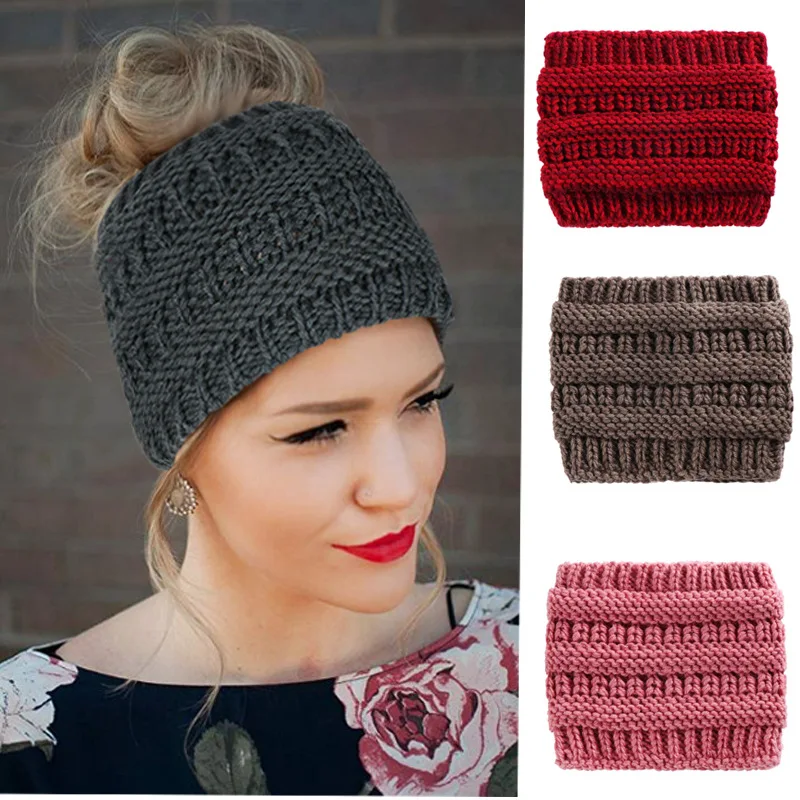 Soft Knit Ponytail Beanie Hat Knit Messy Bun Winter Cap Women Skullies Beanies Warm Cap Fashion Knitted Woolen Crochet Hats 58g