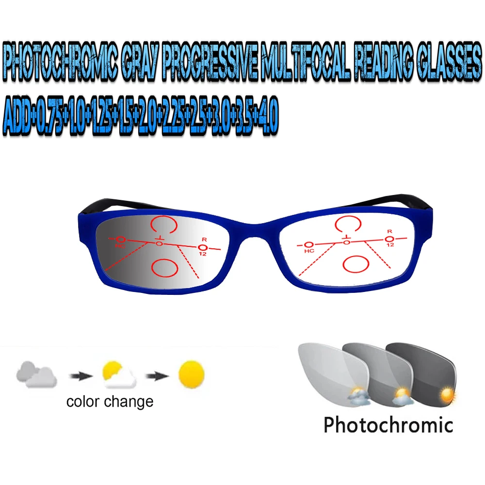 

Photochromic Gray Progressive Multifocal Reading Glasses Men Woem Ultralight Blu Frame+1.0 +1.5 +1.75 +2.0 +2.5 +3 +3.5 +4