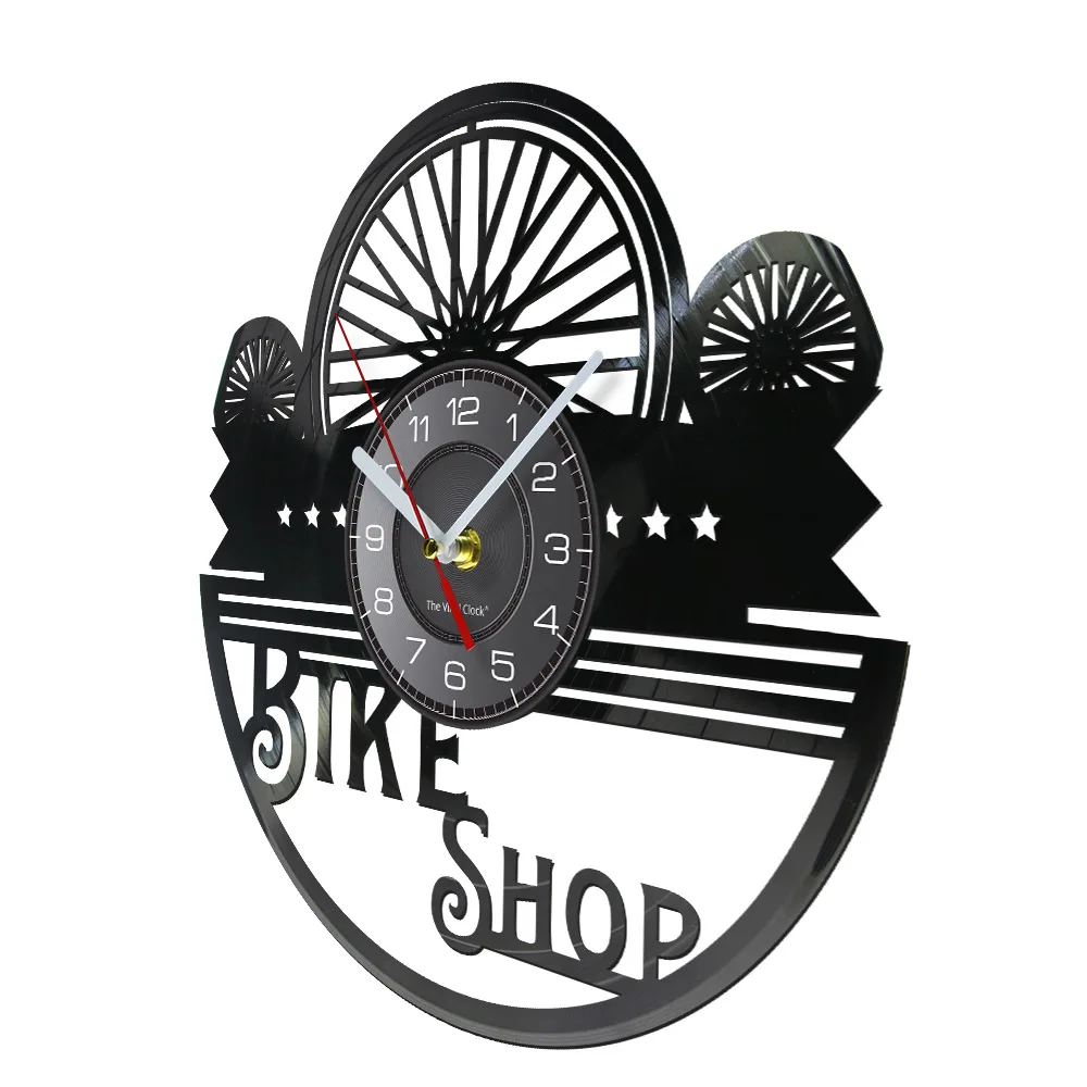 Bike Shop Sign Vinyl LP Record Wall Clock Wheel Silhouette Repair Bicycle Home Decor Watch For Mountain Bicyclist Enthusiasts