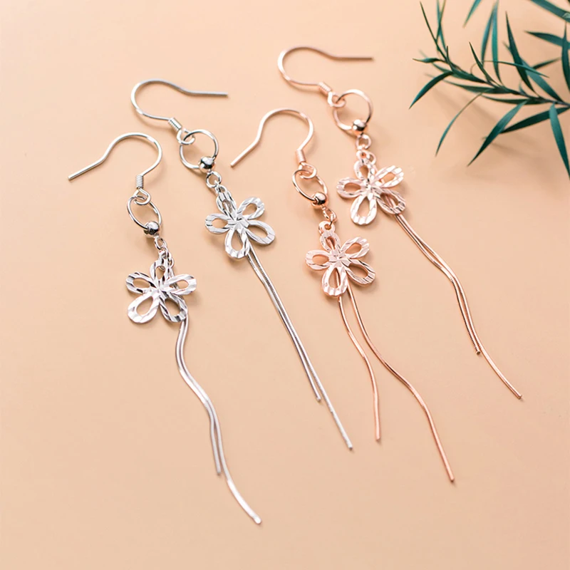 

luxury Snake Chain Dangle Earrings 925 Sterling Silver Flower Tassel Brand Long Thread Earring for Women Fashion Silver Jewelry