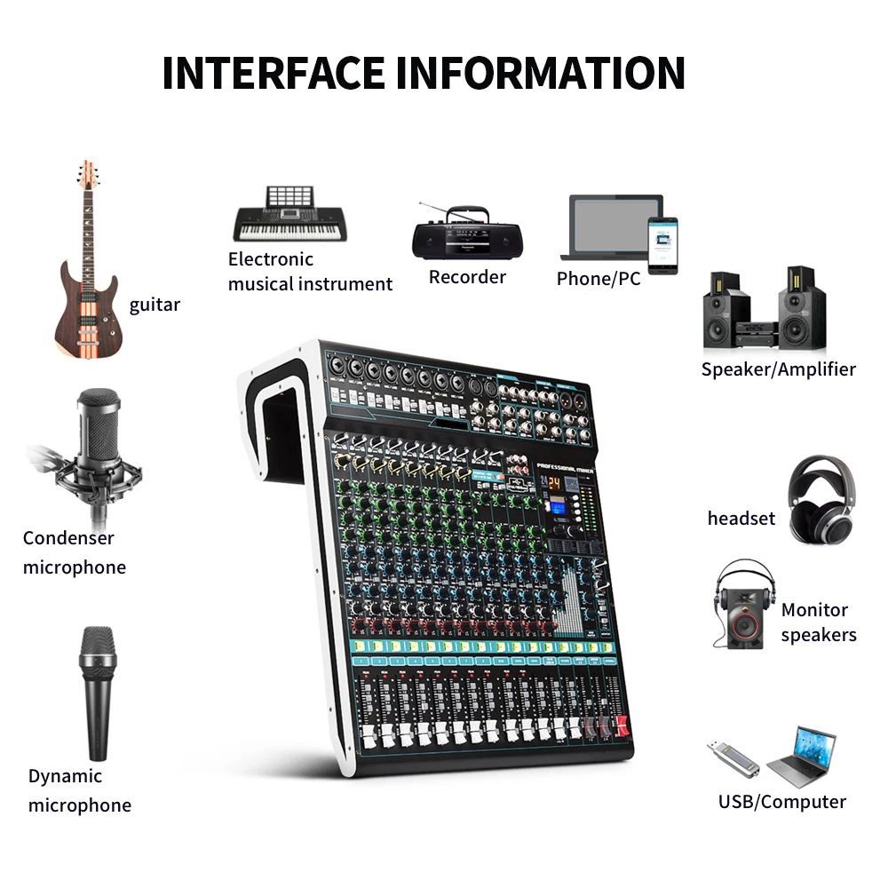 Imagem -06 - Professional Bluetooth Mixer de Áudio 16 Canais Usb Som Mixing Console Aux Gravação Stage dj Gax-mx16