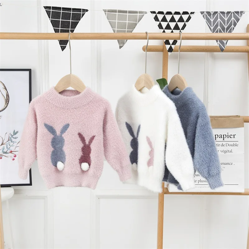 Kids Casual Sweaters for Girls Clothes Autumn Winter 2024 Child Cute Cartoon Rabbit Soft Pullover Toddler Thicken Knitted Tops