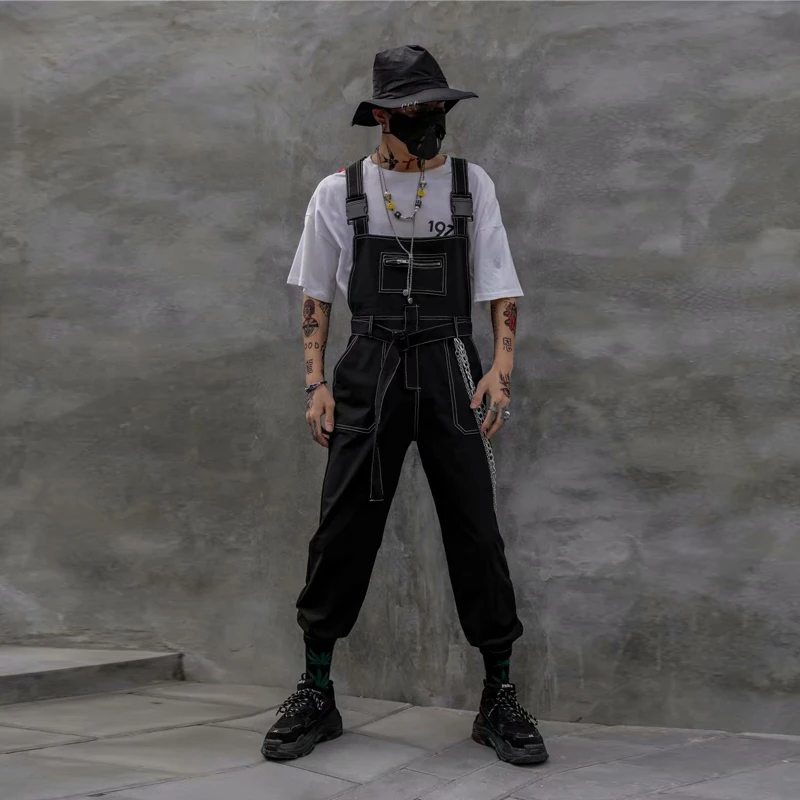 2021 Men Solid Color Bib Pants High Quality Denim Jeans Suspenders Overalls Straight Skinny Street Punk Workout Jumpsuits Pants
