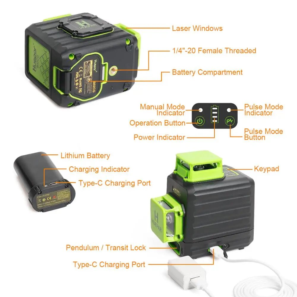 Huepar B02CG Cross Line Self-leveling Laser Level Green Beam Li-ion Battery with Type-C Charging Port & Hard Carry Case