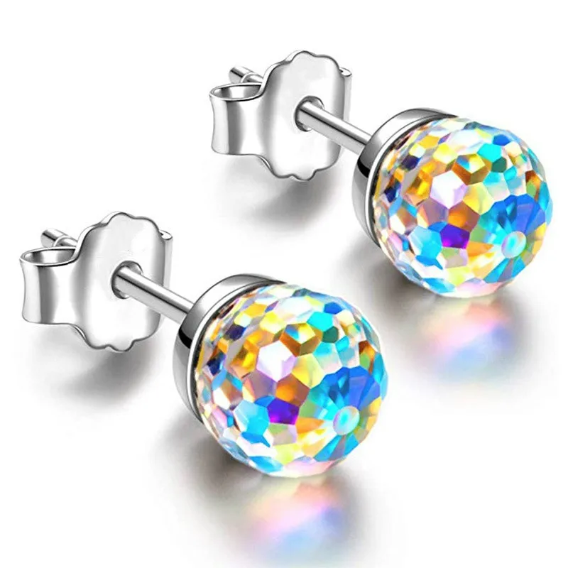 6mm 925 Sterling Silver Earrings Disco Ball Crystal Sparkling AB Crystal Colorful Aurora Stud Earrings For Women Girls