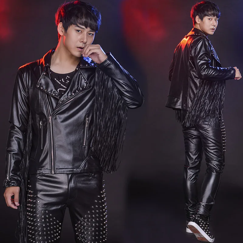 Bar Stage Male Singer Hip Hop Rock Dance Outfit Black PU Leather Tassel Rivet Jacket Coat+Pants 2-Pieces Set Performance Costume