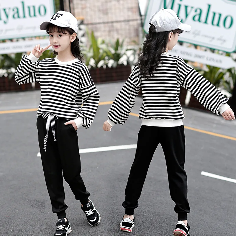 

Tracksuit for Girls 2021 Spring Children Kids Striped Tops T Shirt Sports Pants 2pcs Clothes Set Costume for Girl 8 10 12 Years