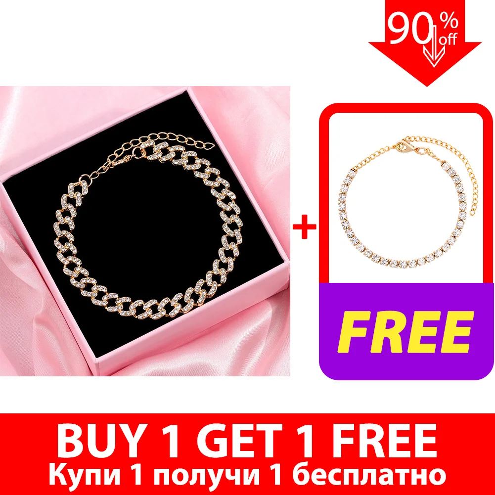 Chunky Cuban Chain Anklet with Rhinestones — Gold and Silver Foot Bracelet