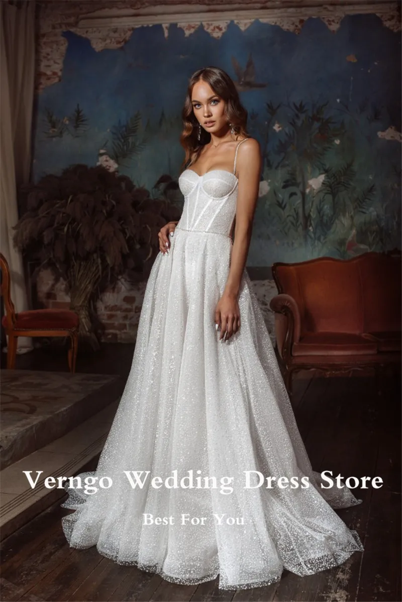 Verngo Glitter A Line Wedding Dress 2024 Spaghetti Straps Corset Sweetheart Bridal Dresses New 2024 Robe de mariage Plus Size