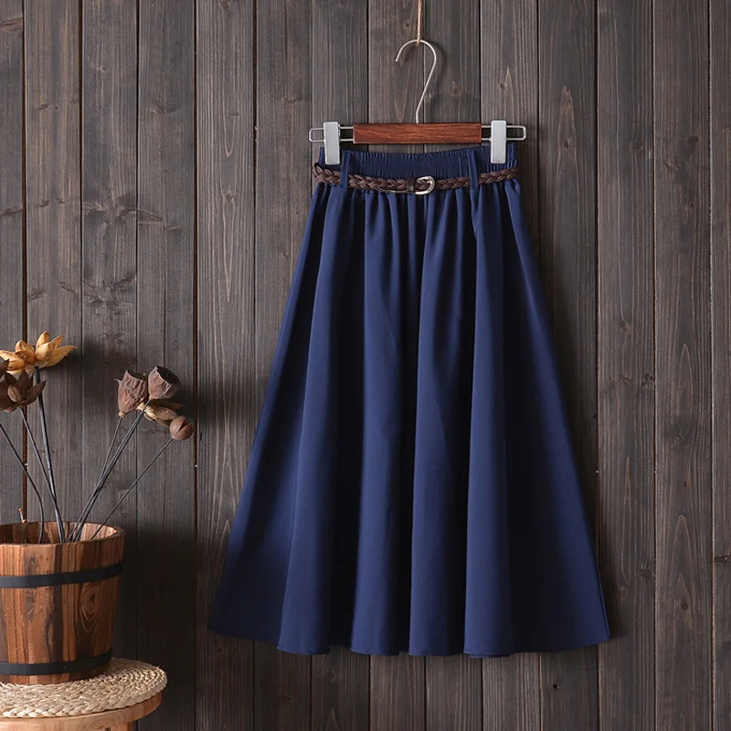 Midi Knee Length Summer Skirt Women With Belt 2023 Fashion Korean Ladies High Waist Pleated A-line School Skirt Female