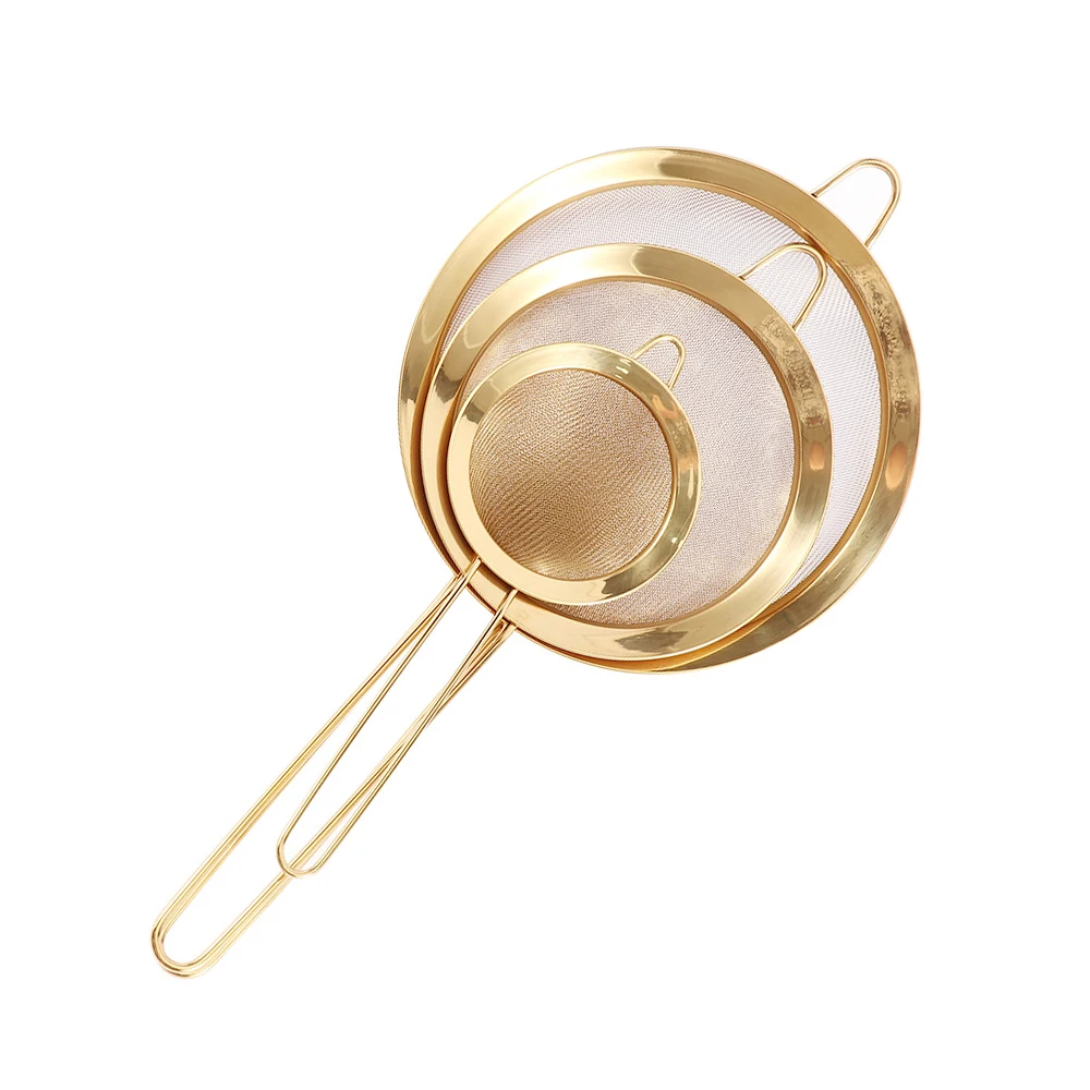 

Stainless Steel Kitchen Handheld Screen Mesh Strainer Rose Gold Flour Sieve Cooking Oil Strainer Colander Kitchen Accessories