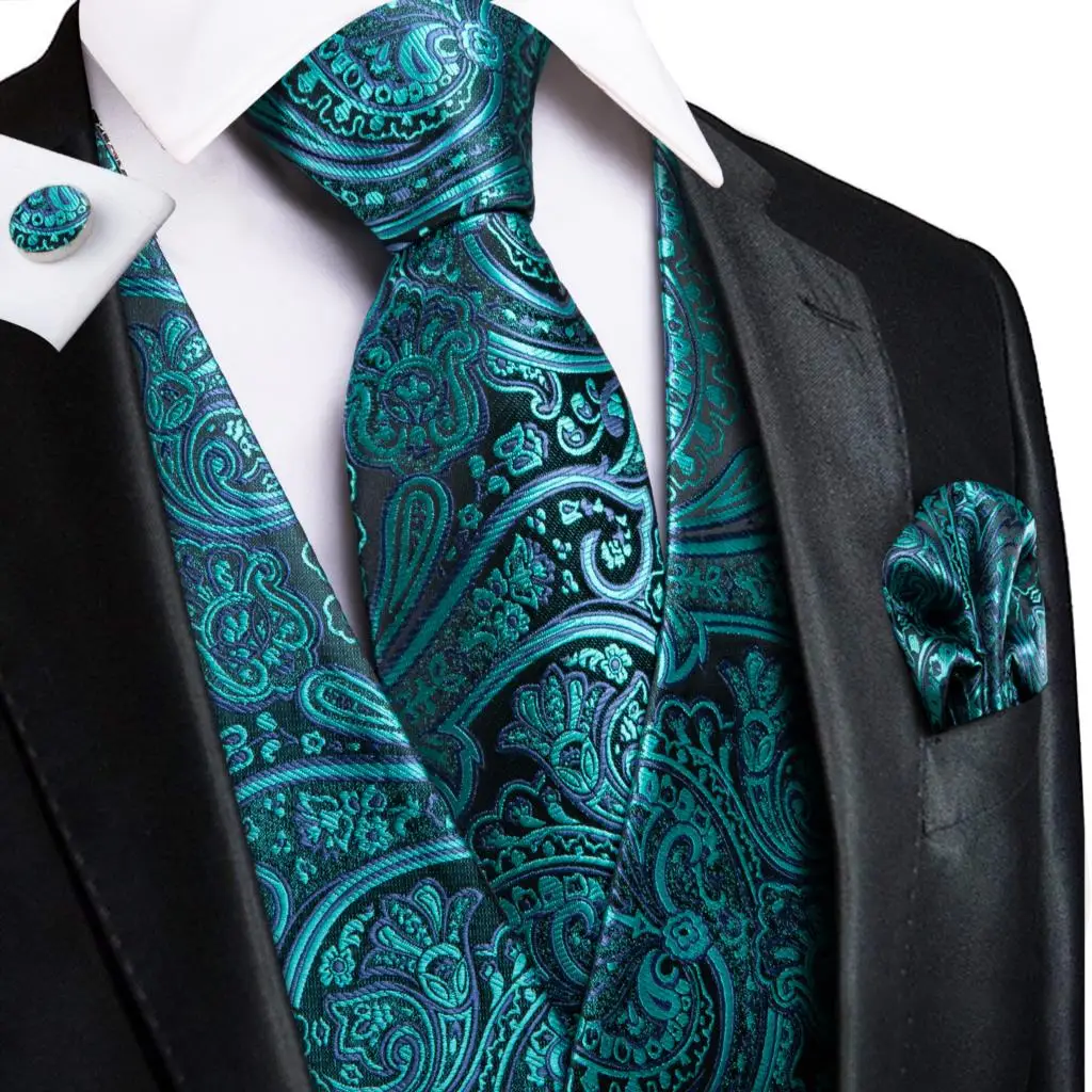 

Hi-Tie Teal Green Floral Paisley Silk Men Slim Waistcoat Necktie Set For Suit Dress Wedding 4PCS Vest Necktie Hanky Cufflink Set