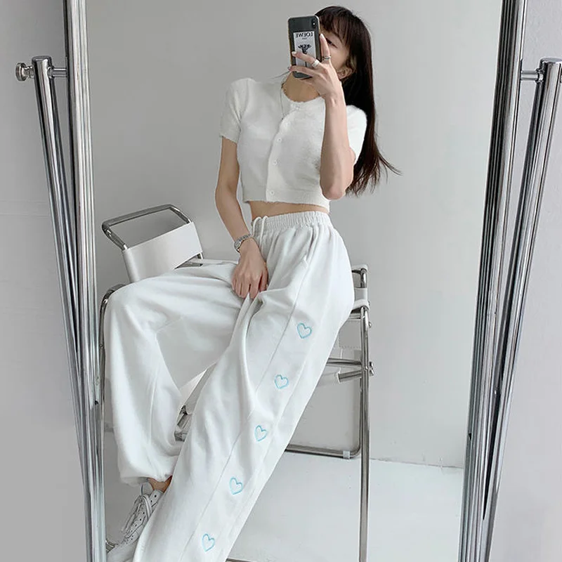 Wide Leg Pants Women Baggiest Harajuku Femme Streetwear Joggers Heart-Stitch Aesthetic Drawstring Pantalones Loose Soft Trendy