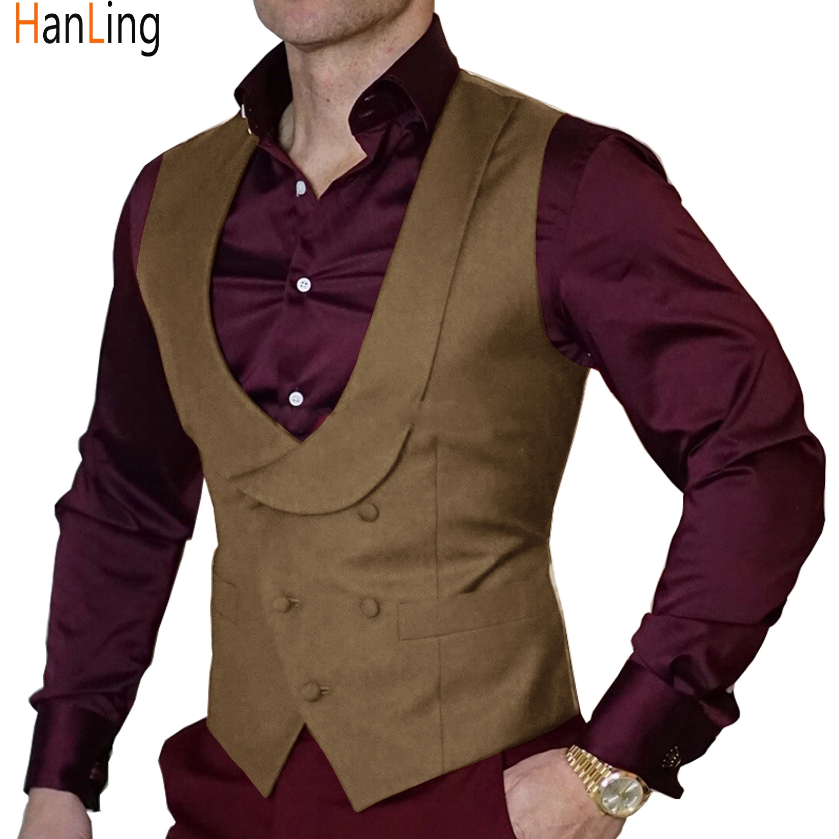 Double-Breasted Burgundy Waistcoat Wedding Men\'s Suit Vest Shawl Lapel Slim Waistcoat Steampunk