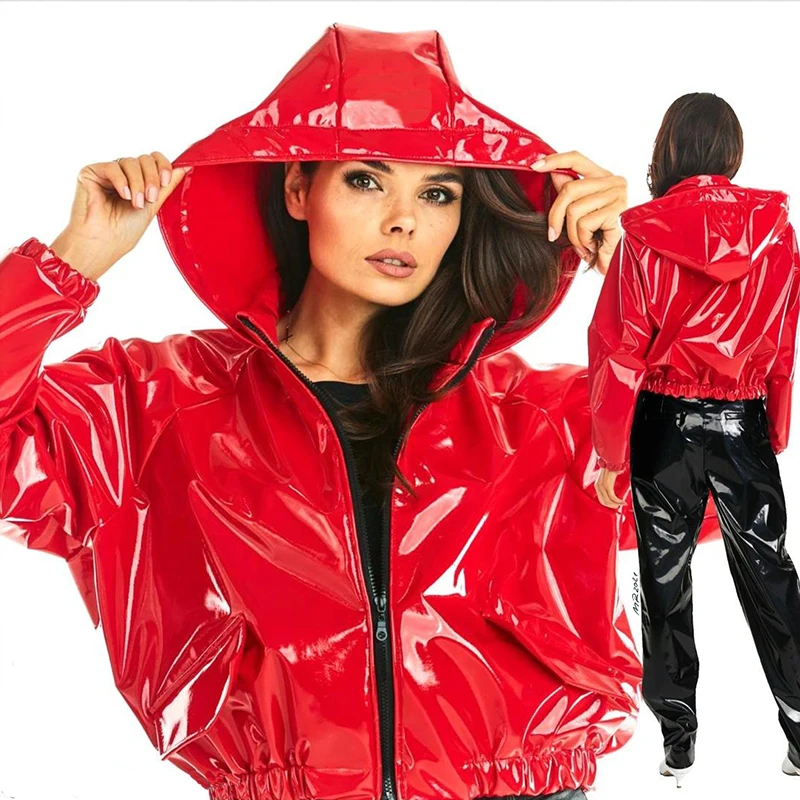 Women Casual Patent Leather Latex Hoodies PU Short Jackets Red Black Loose Long Sleeve Zip-up Sweatshirt Plus Size Leather Coats