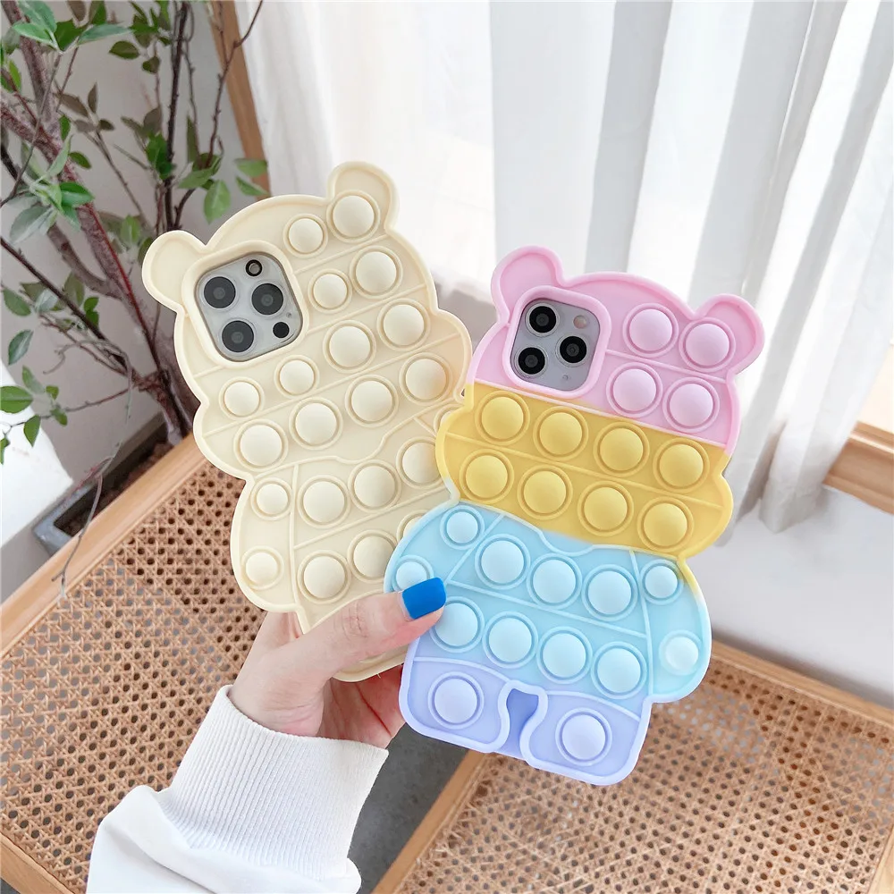 Reliver Stress Fidget Toy Push Bubble Case for iPhone 6 6s 7 8 Plus X XR XS 11 12 Pro Max SE Cartoon Bear Game Cover Kids