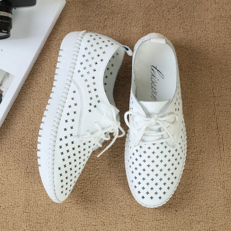 Genuine Leather ladies flats sneakers shoe Women casual loafers shoes female Hollow moccasins White Lace up canvas Boat shoes