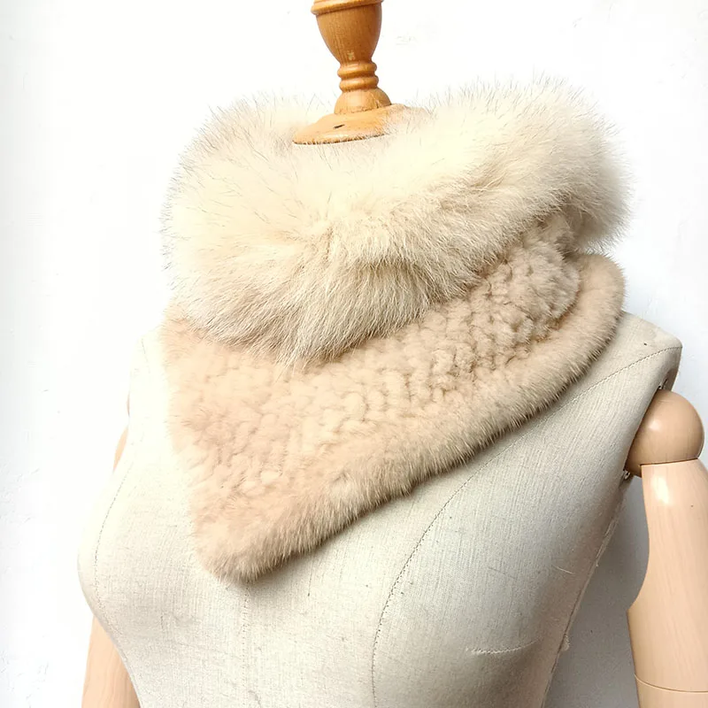 Women Winter Knitted Mink Fur Neck Warmer With Fox Fur Trimming Fashion Warm Female Genuine Mink Fur Scarf Casual Scarves