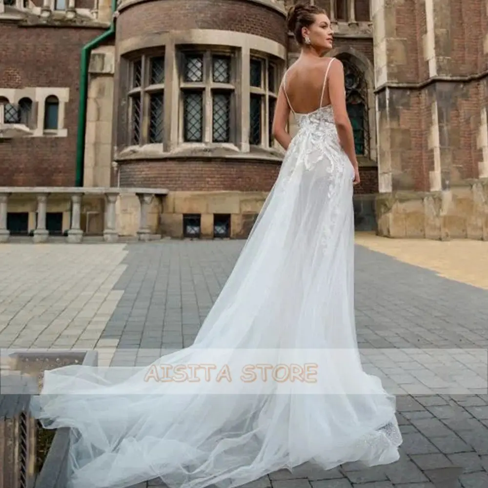 Sexy Hochzeit Kleider V-ausschnitt Spaghetti-trägern Open Back Spitze und Tüll Appliques Linie Sweep Zug Brautkleider Robe De mariée