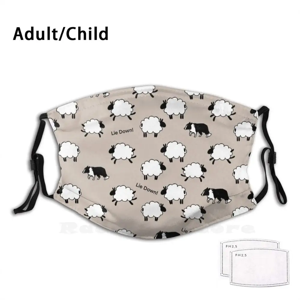 Lie Down! Print Washable Filter Anti Dust Mouth Mask Border Collie Border Collie Sheepdog Lie Down Dog Dogs Sheep Sheeps