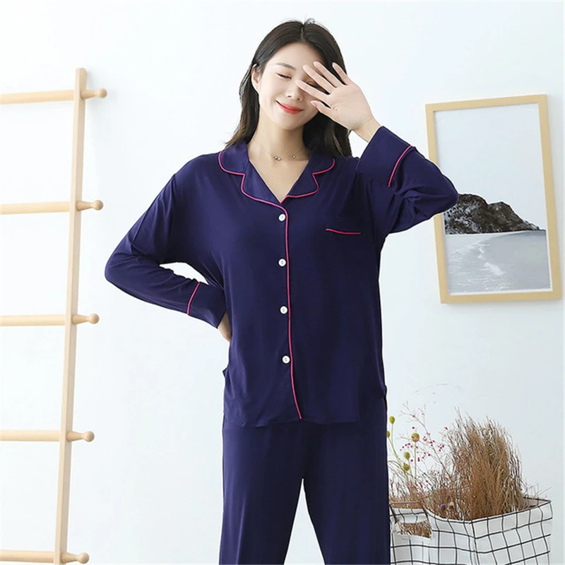 

Pajamas suit new modal bielizna nocna women lapel trousers long sleeves loose casual simple home service navy blue