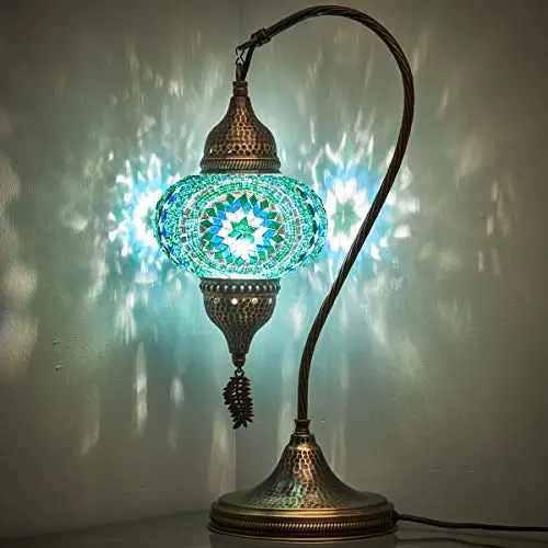 

English Moroccan Tiffany Style Handmade Colorful Mosaic Table Desk Bedside Night Swan Neck Lamp Light Lampshade, Turquoise, 19"