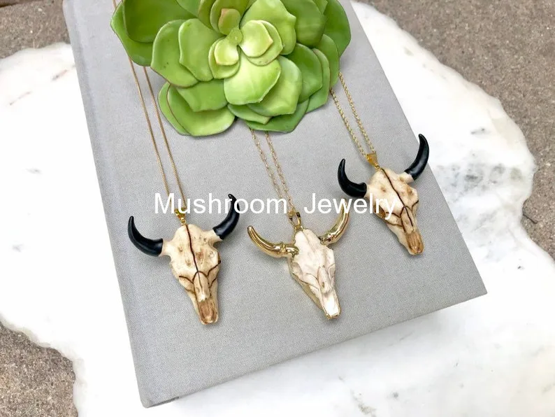 Gold Plated Chain Necklace With Skull Bull Pendant