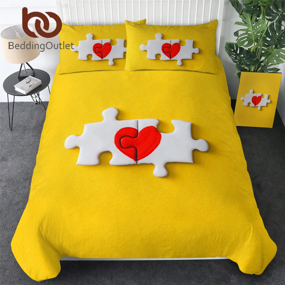 

BeddingOutlet Heart Bedding Set I Love You Jigsaw Bedclothes For Girls Yellow Duvet Cover 3pcs Modern Comforter Cover Dropship