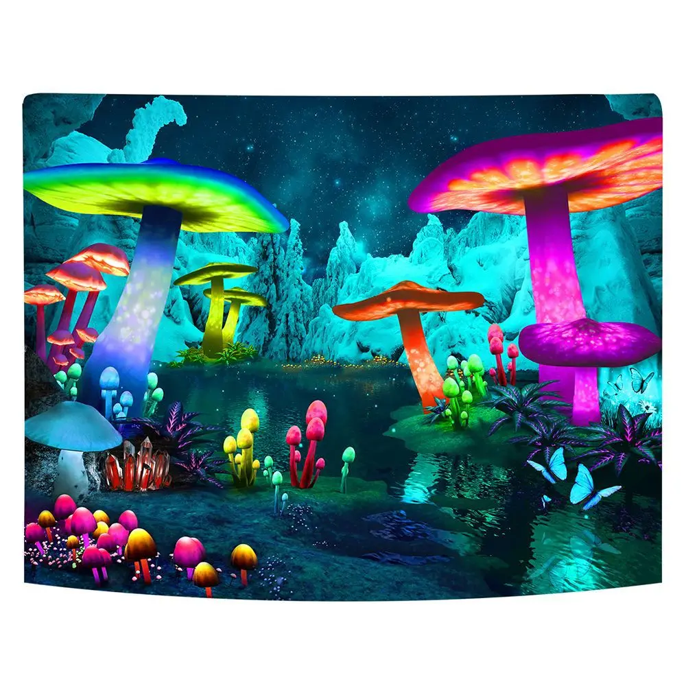 Fluorescent Tapestry Psychedelic Mushroom Night Owl Hanging Cloth Wall Art Decor Home Decoration Background Luminous Tapestry