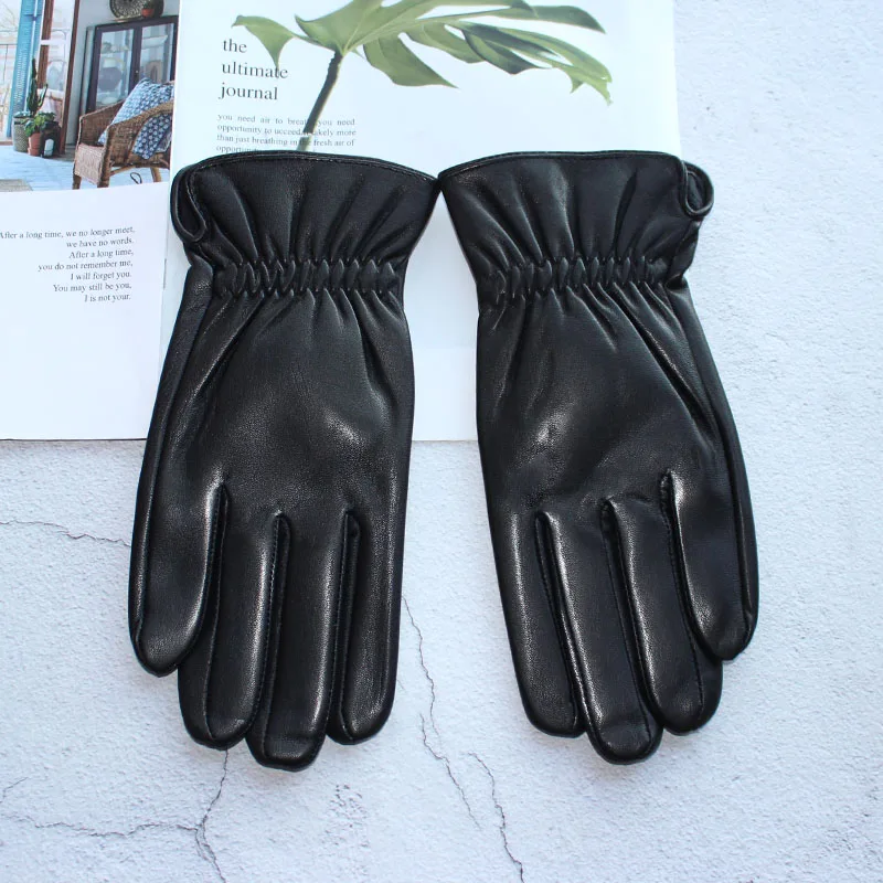 Nuevos guantes de piel de oveja para hombre, forro de terciopelo de cuero de moda, guantes negros elásticos con botón a presión cálidos para otoño e