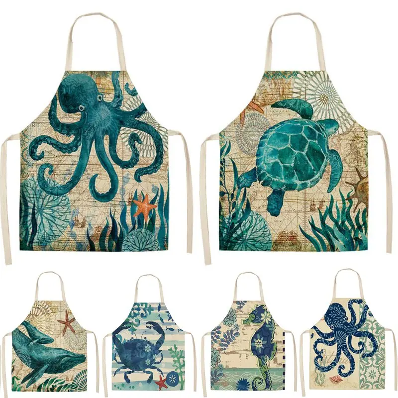 Turtle Fish Printed Kitchen Apron for Women Kids Sleeveless Cotton Linen Bibs Cooking Baking Cleaning Tools 53*65cm GT1299