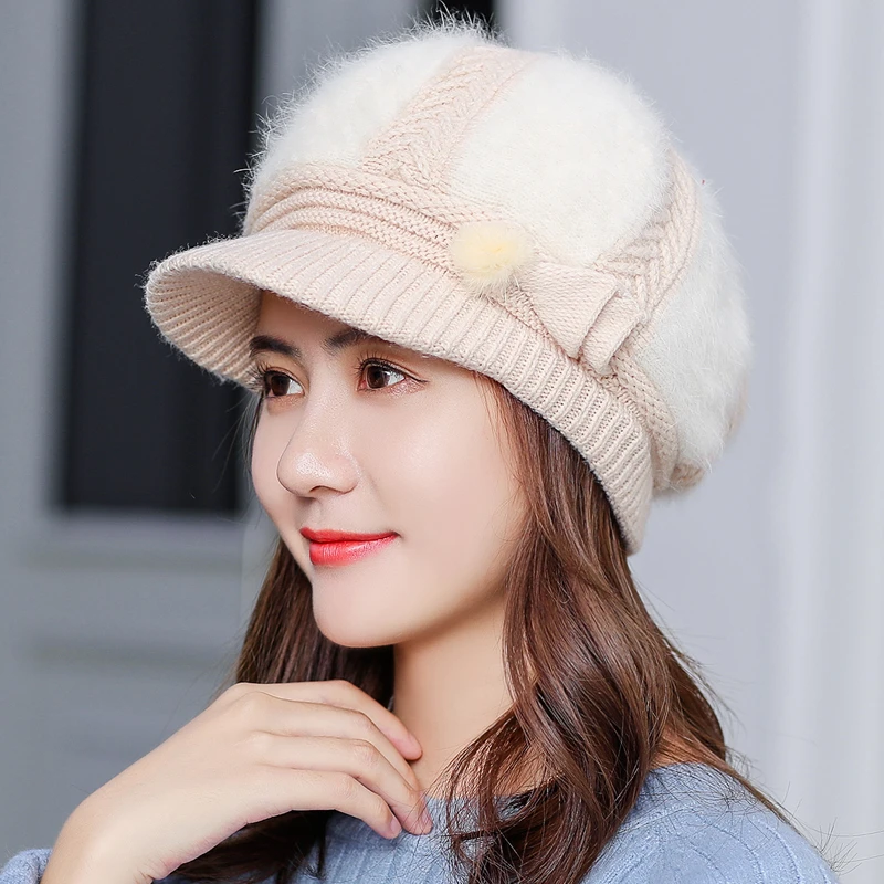 New Women Rrabbit fur ball cap winter hat girl knitted hats skullies beanies brand thick female cap 55-58CM